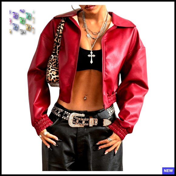 Y2K Faux Leather Motorcycle Jacket Crop Zip Drop Shoulder Streetwear Outerwear